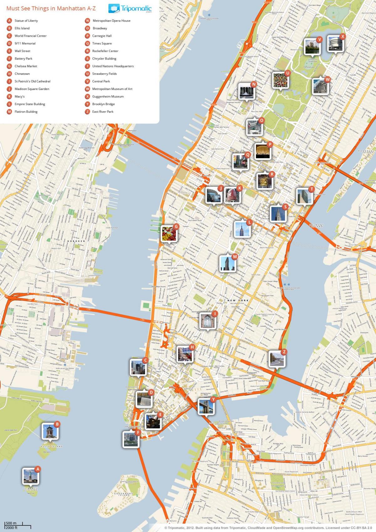 карта Менхетна, показује знаменитости