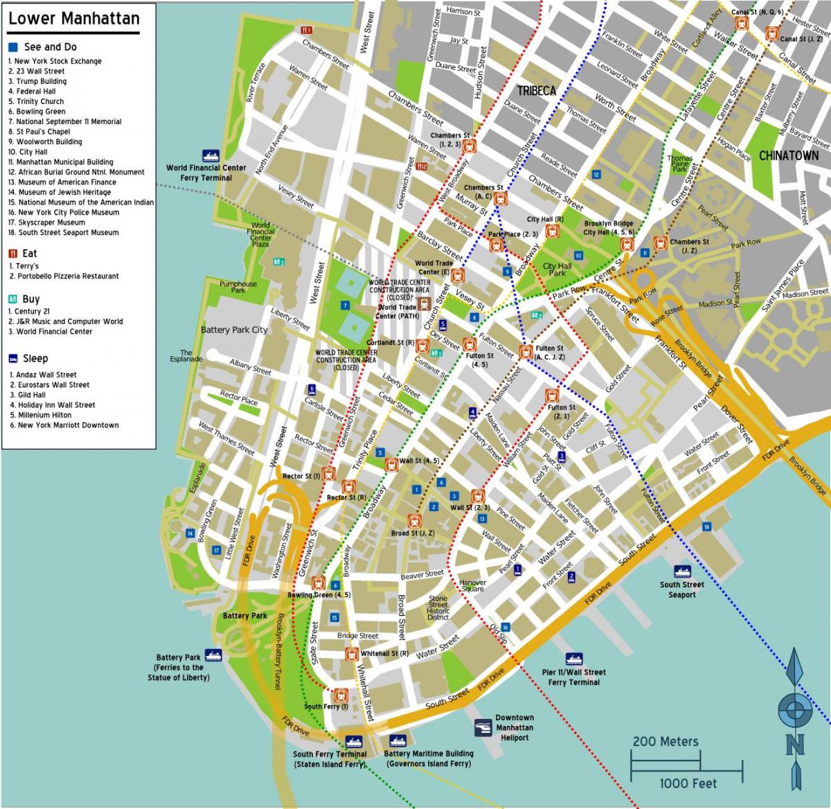 карта доњег Менхетна са именима улица